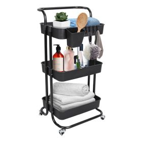 3 Tier Rolling Utility Cart Movable Storage Organizer with Mesh Baskets Lockable Wheels 360 Degree Rotatable Hanging Box Hooks Bedroom Bathroom K (Type: 3 Tier, Color: Black)