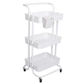 3 Tier Rolling Utility Cart Movable Storage Organizer with Mesh Baskets Lockable Wheels 360 Degree Rotatable Hanging Box Hooks Bedroom Bathroom K (Type: 3 Tier, Color: White)