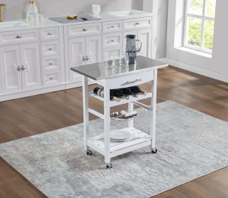 Mobile Rolling Kitchen Island Trolley Serving Cart with Underneath Drawer & Slide-Out Wire Storage Basket (Main Color: White, Main Material: Wood + Stainless Steel)